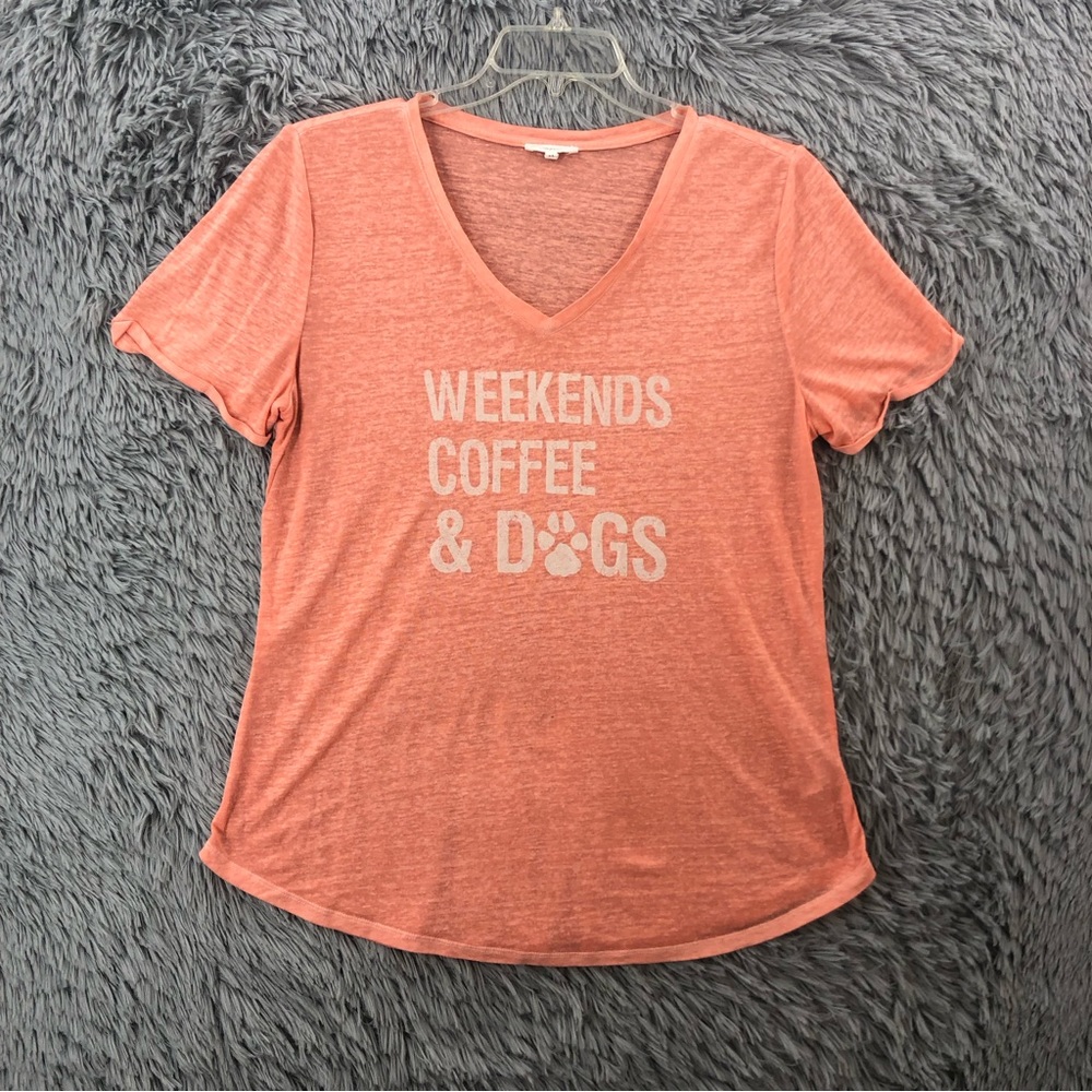 Maurices Shirt Womens Large Vneck Burnout Weekends Coffee & Dogs Short Sleeve
